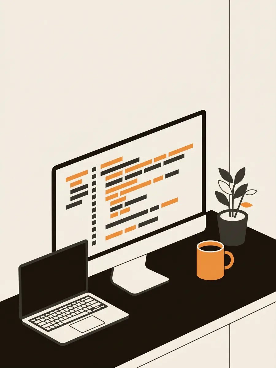 Ilustração minimalista de uma estação de trabalho de desenvolvimento, com monitor, notebook e café