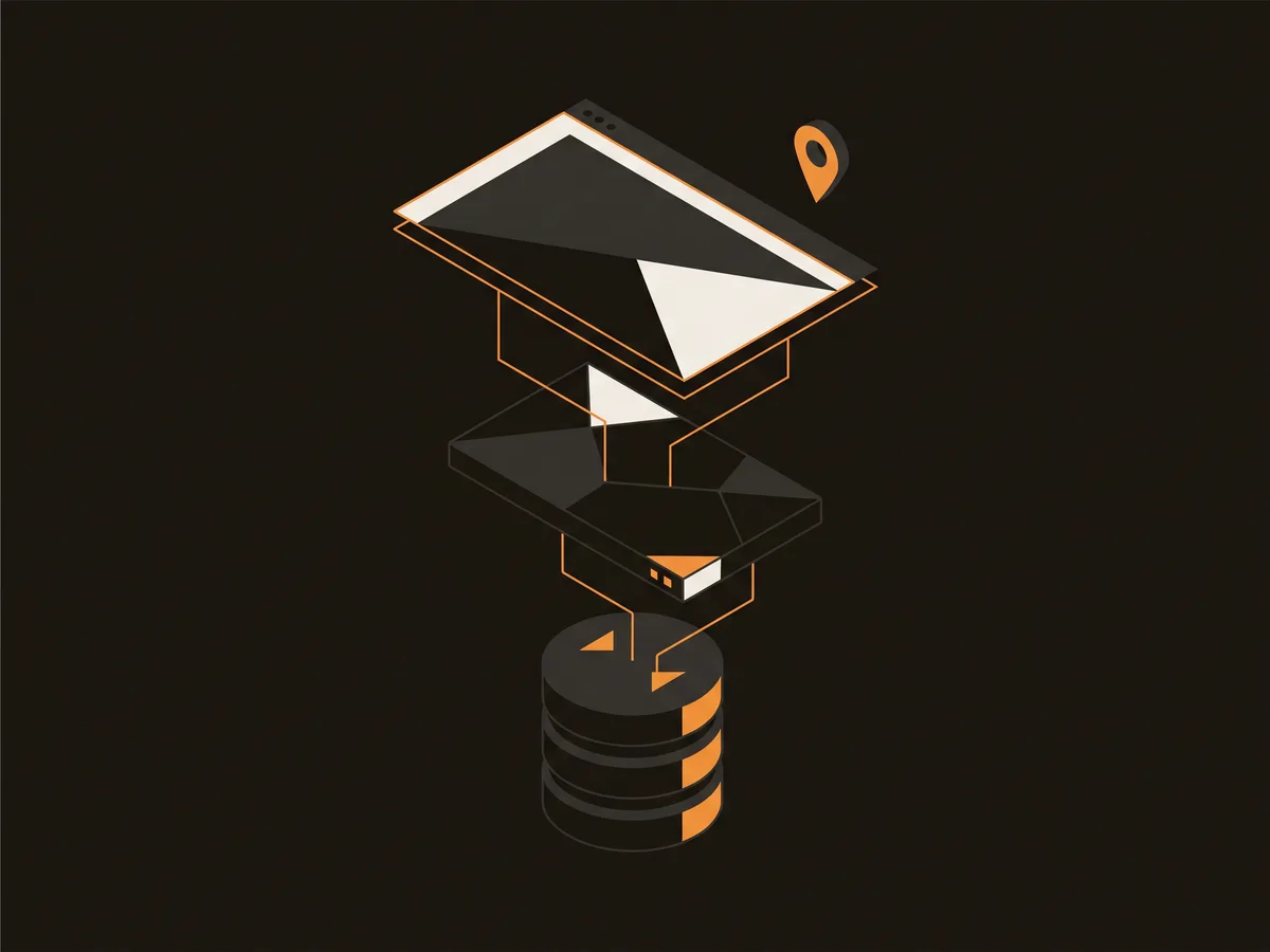 Ilustração abstrata de arquitetura de sistema em camadas: navegador, API e banco de dados conectados
